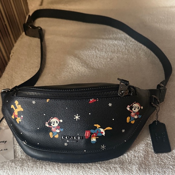 Coach Black Belt Bag Disney holiday print